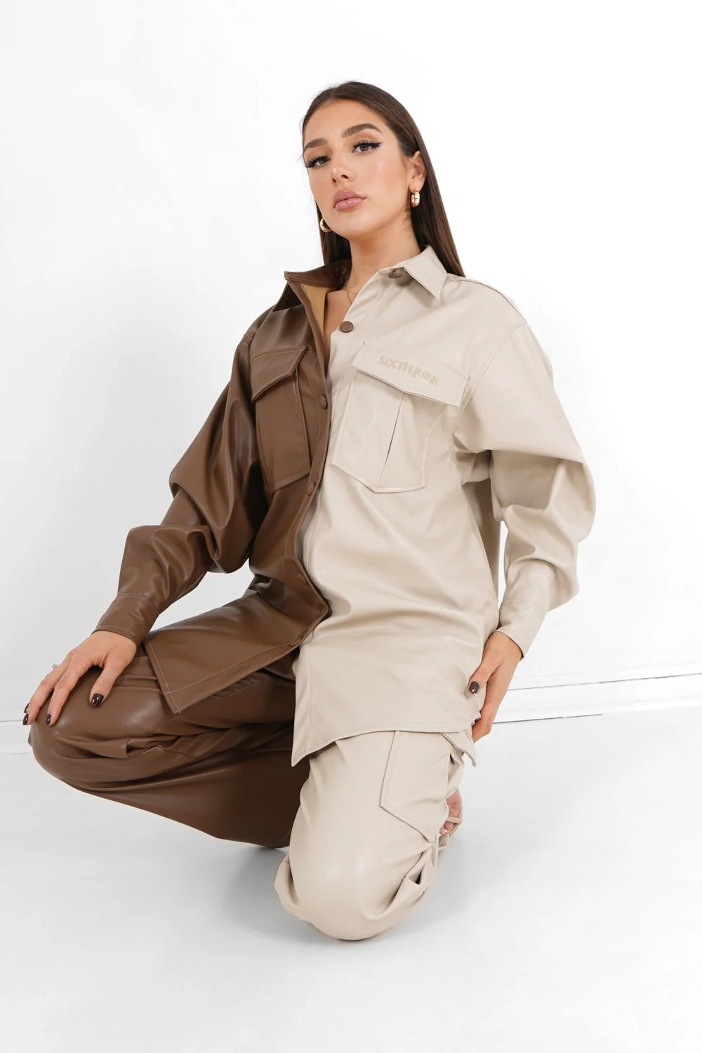 Chemise bicolore simili cuir Beige - Image 2