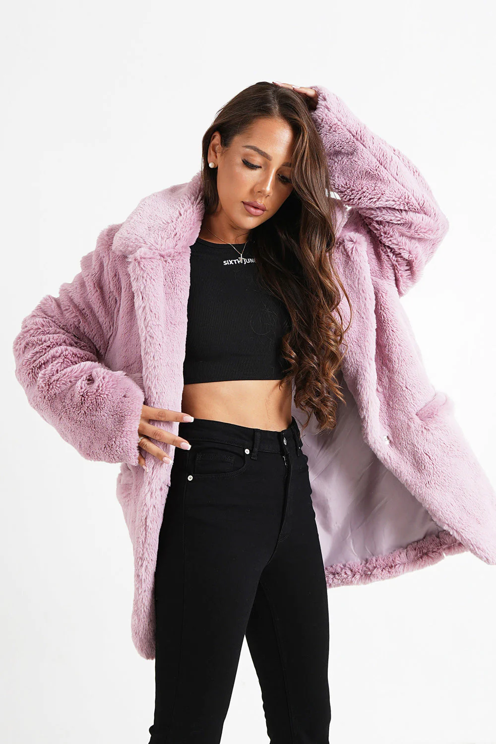 Veste longue fourrure Rose - Image 4