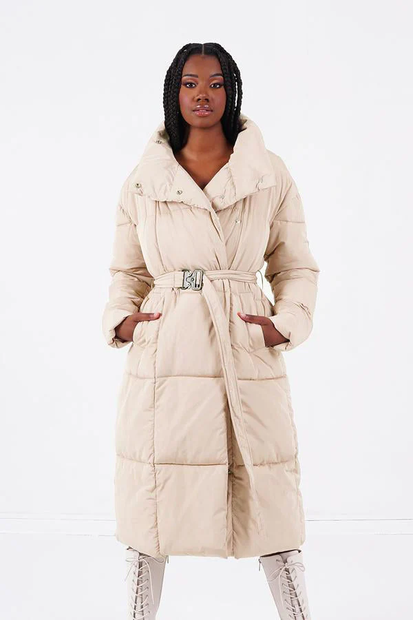 Doudoune longue matelassée ceinture Beige