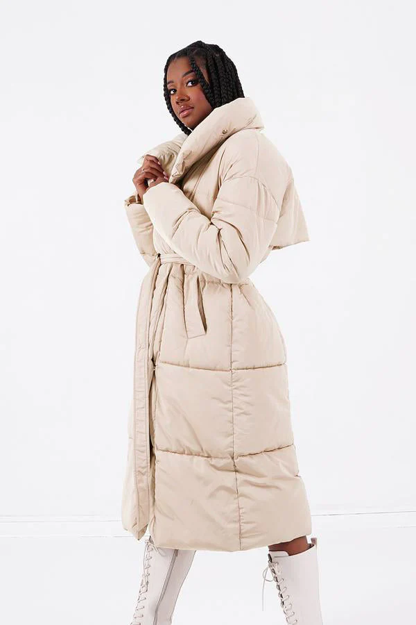 Doudoune longue matelassée ceinture Beige - Image 4