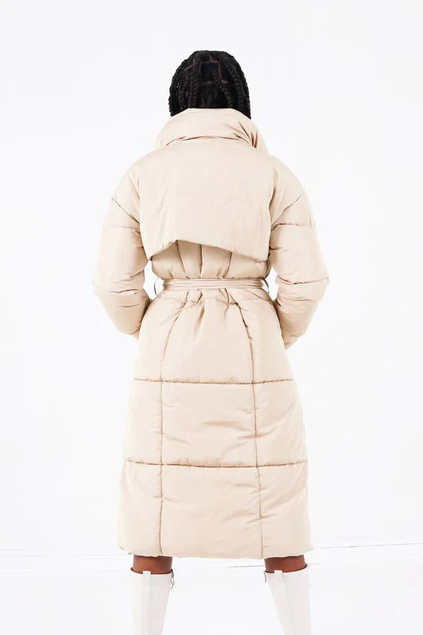Doudoune longue matelassée ceinture Beige - Image 5