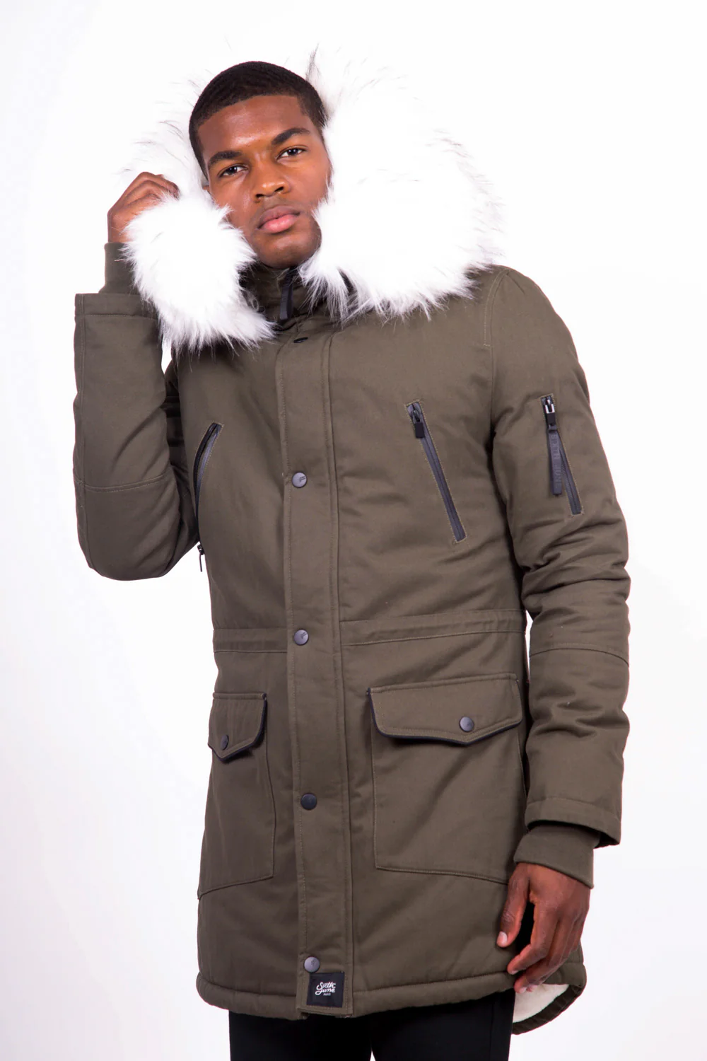Parka capuche large fourrure kaki blanc - Image 2