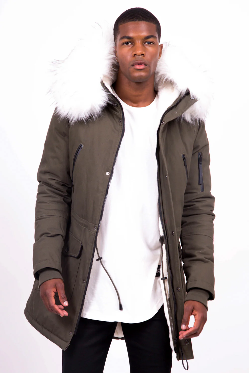 Parka capuche large fourrure kaki blanc - Image 3
