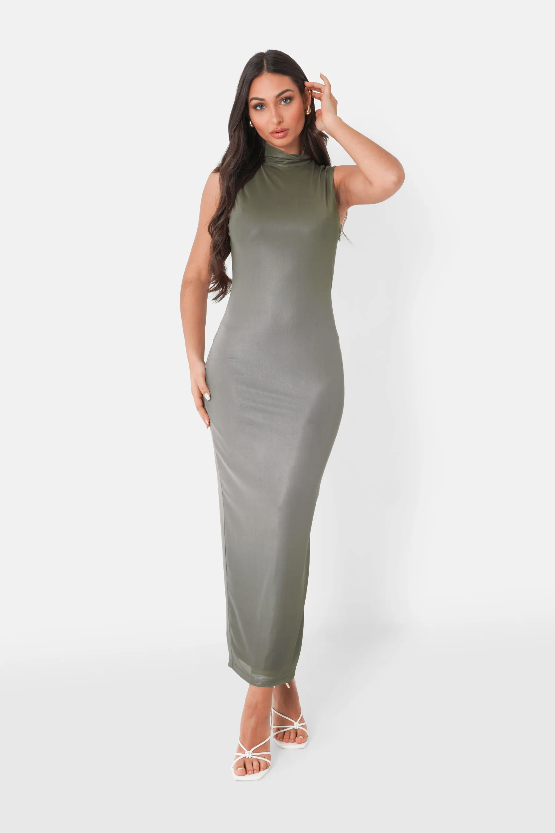 Robe maille longue fente Vert kaki - Image 2