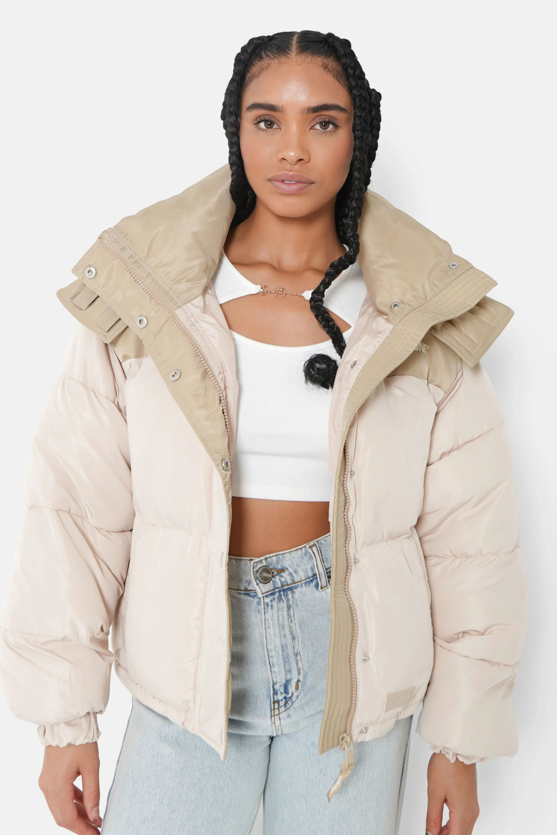Doudoune courte bi matière Beige