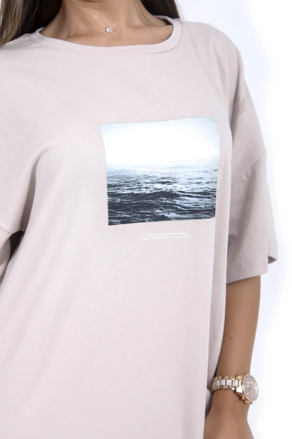 Robe t-shirt oversize imprimé océan beige - Image 2