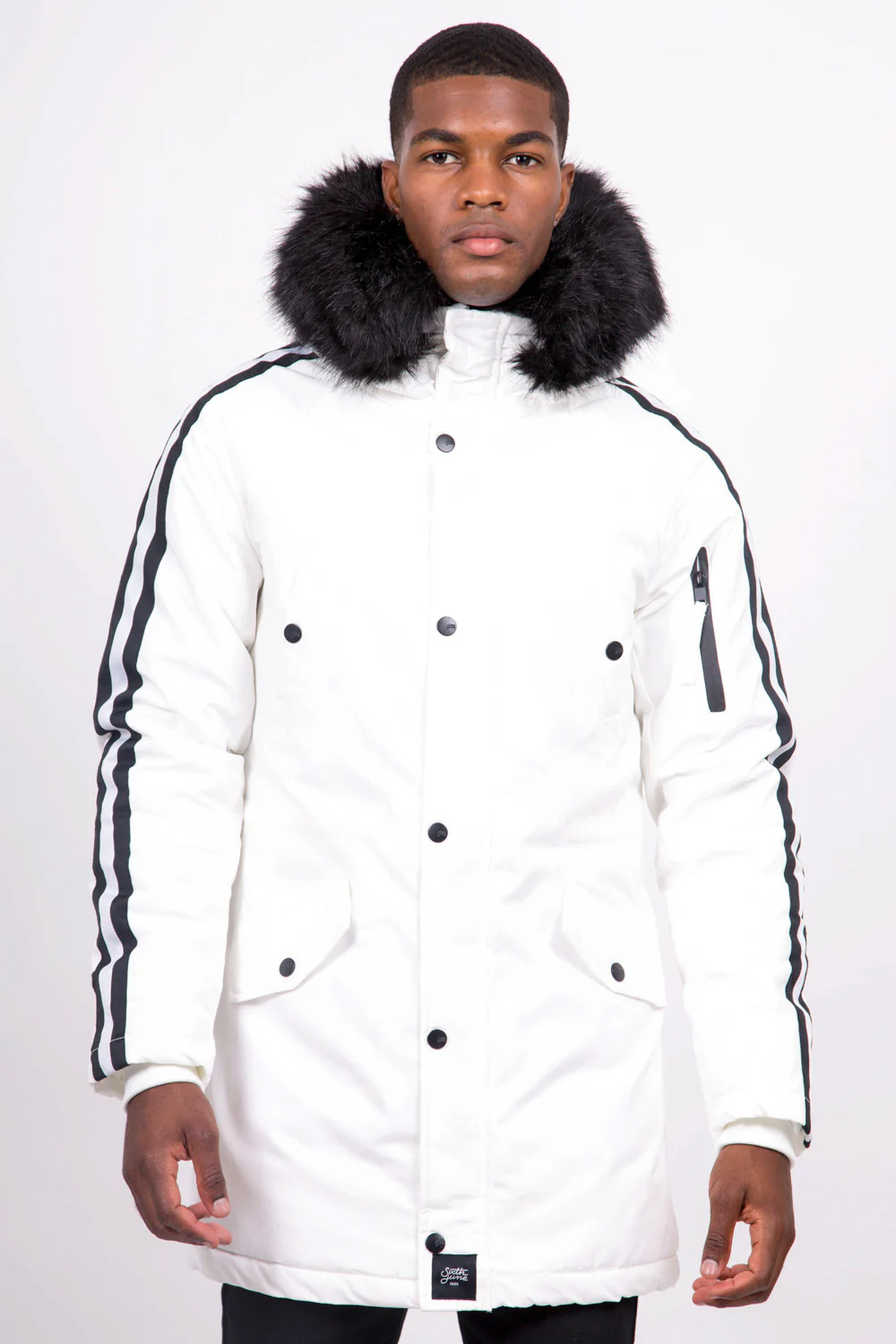 Parka bandes fourrure blanc noir - Image 2