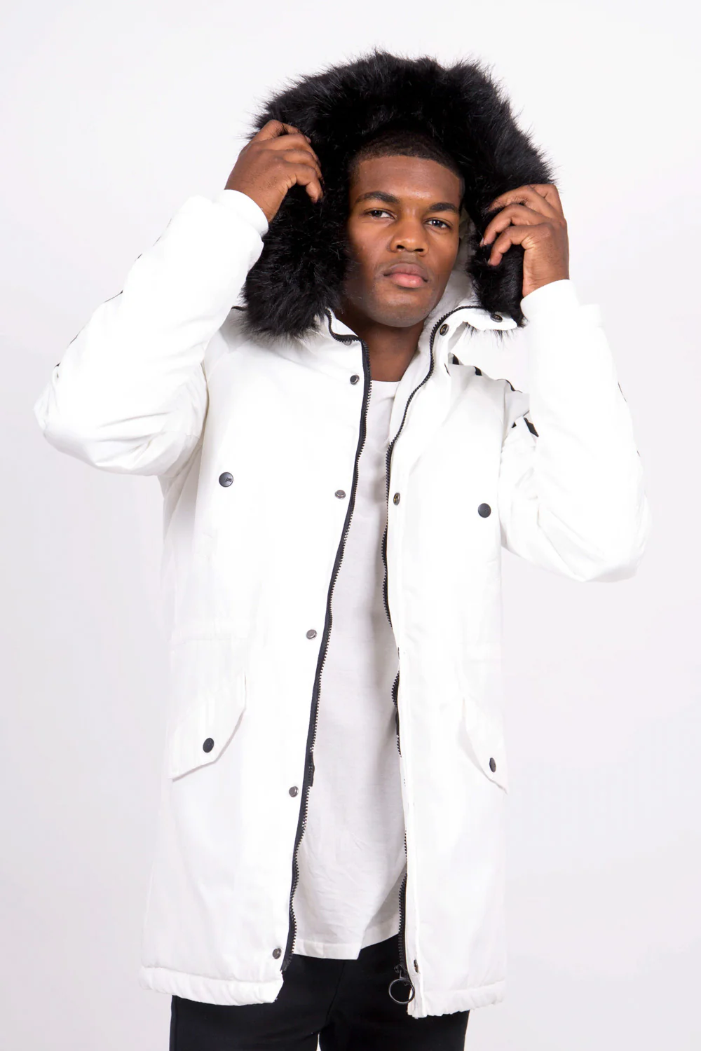 Parka bandes fourrure blanc noir - Image 4