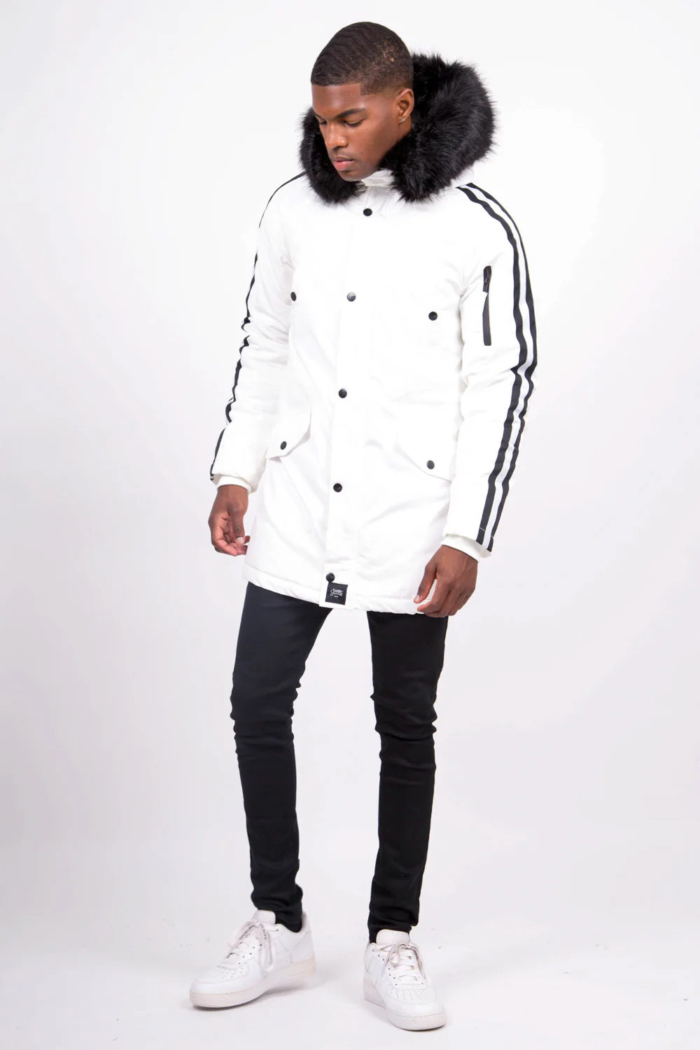 Parka bandes fourrure blanc noir - Image 6