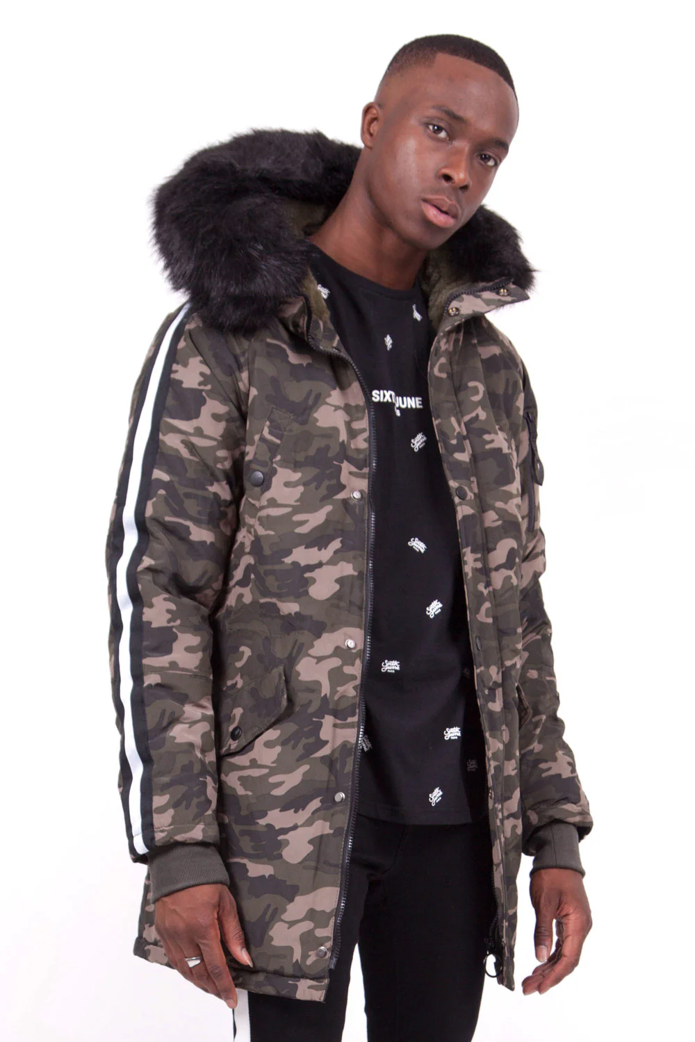 Parka bandes fourrure camouflage noir - Image 2
