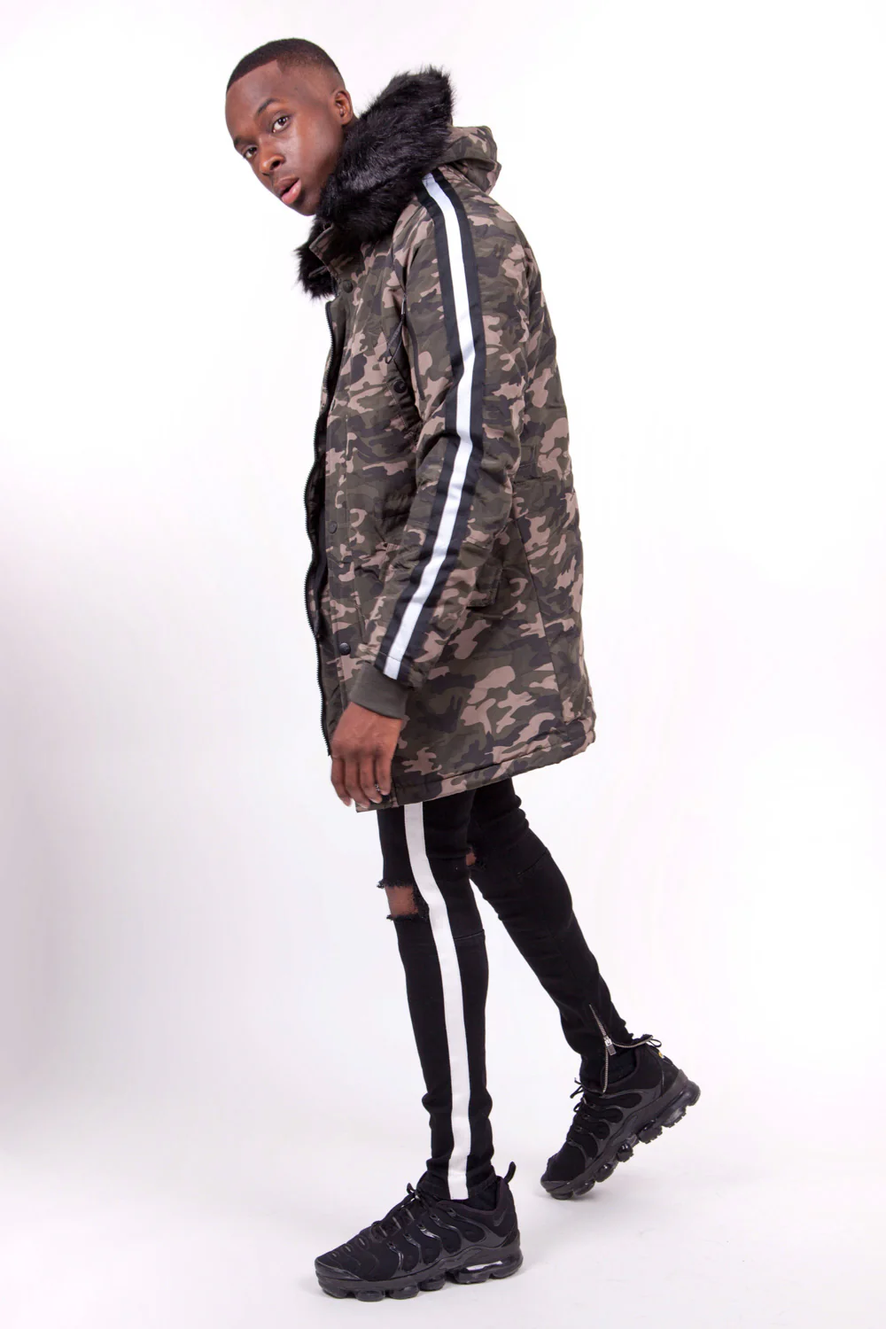 Parka bandes fourrure camouflage noir - Image 4