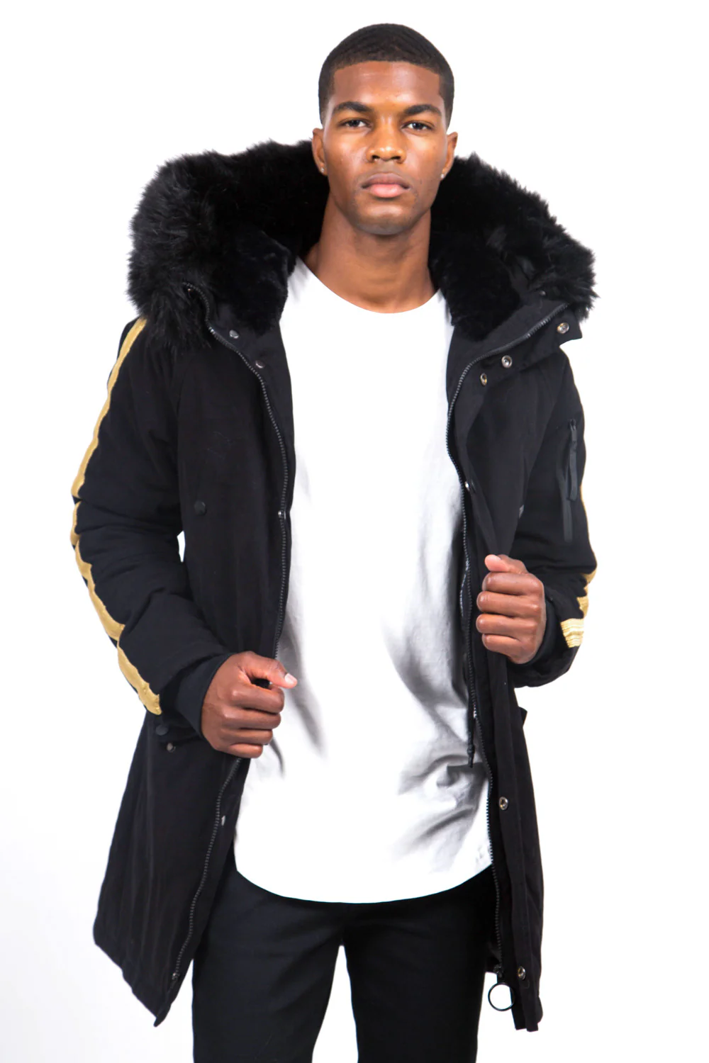 Parka bandes fourrure noir or - Image 3
