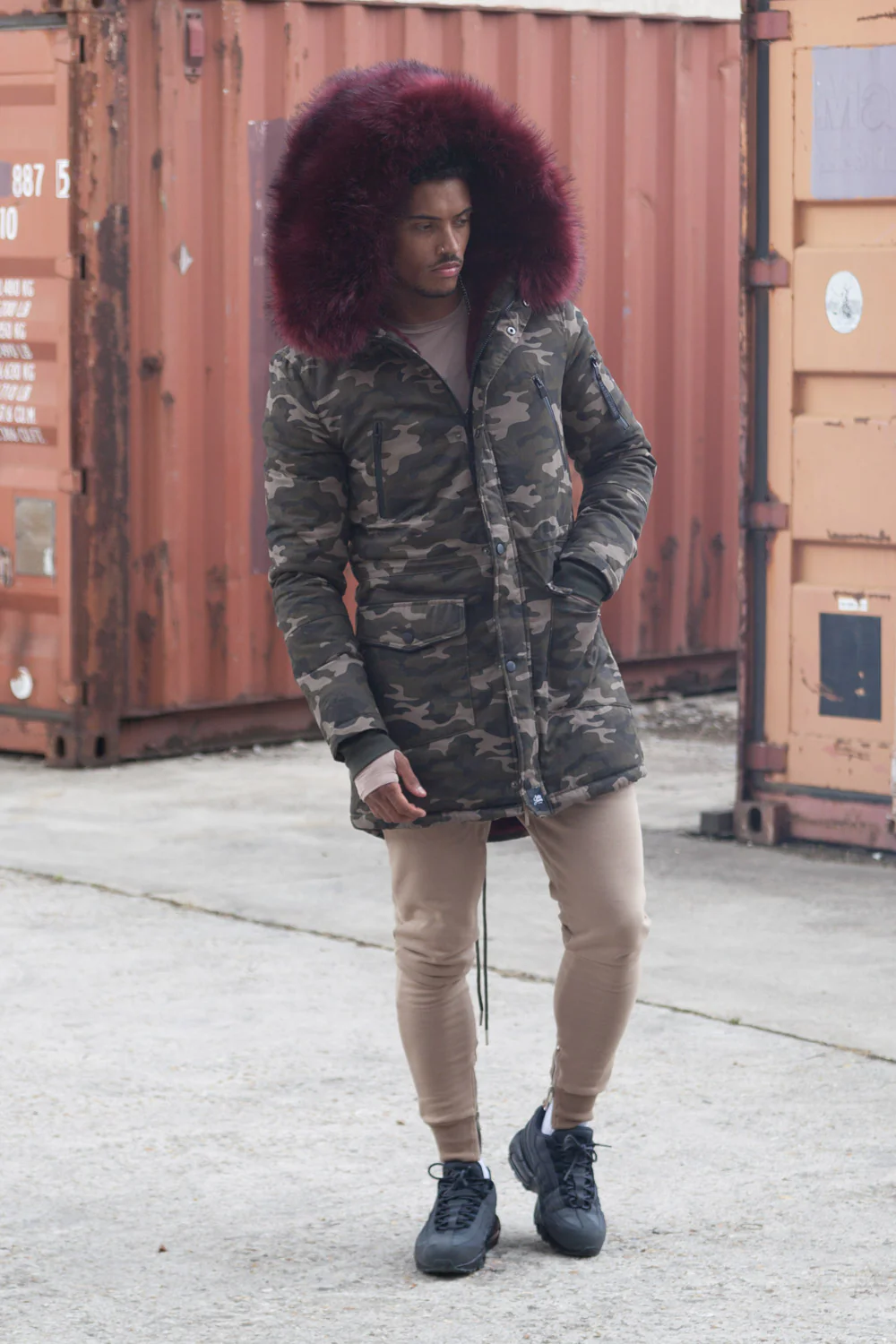Parka capuche large fourrure camouflage bordeaux - Image 4