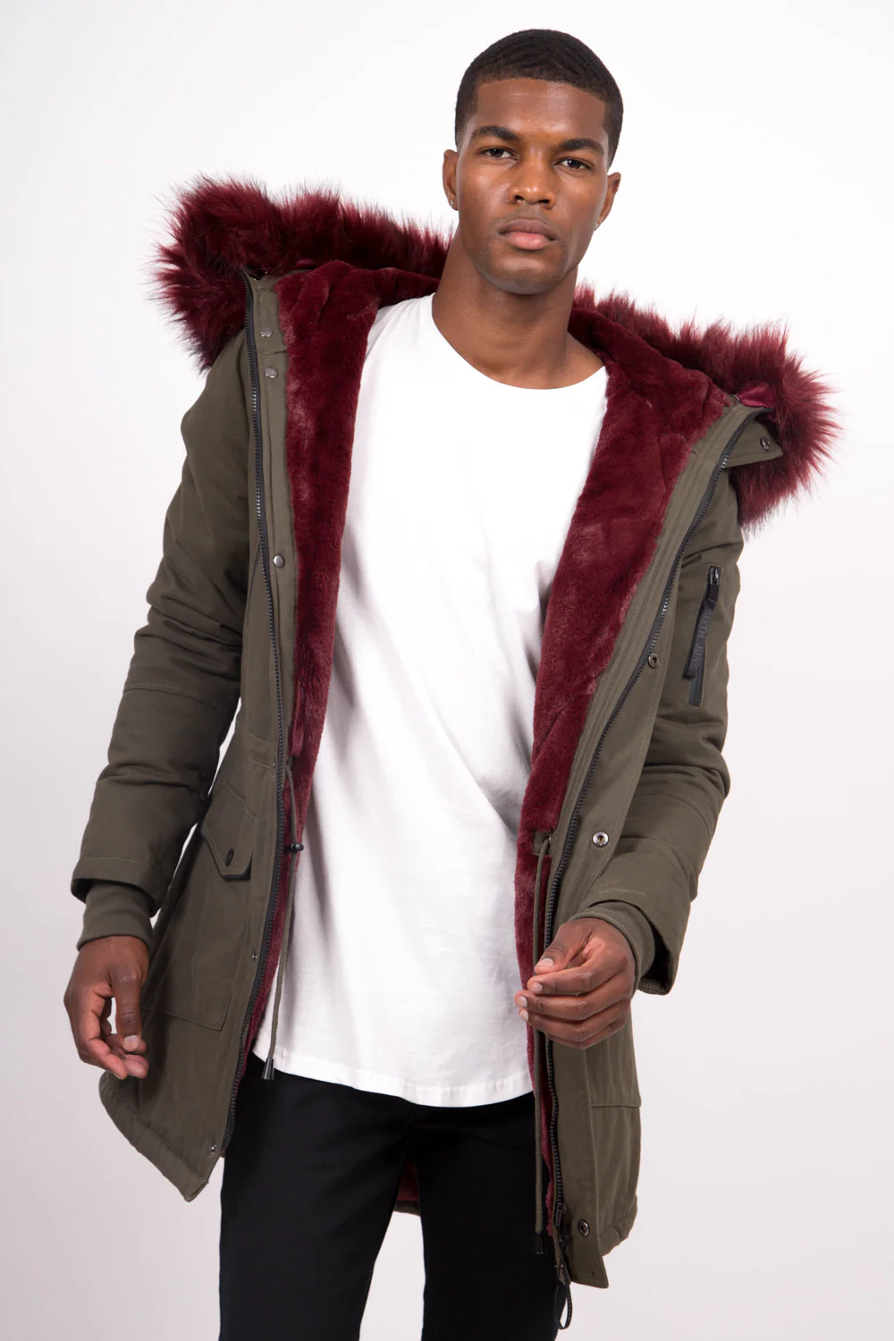 Parka capuche large fourrure kaki bordeaux - Image 2