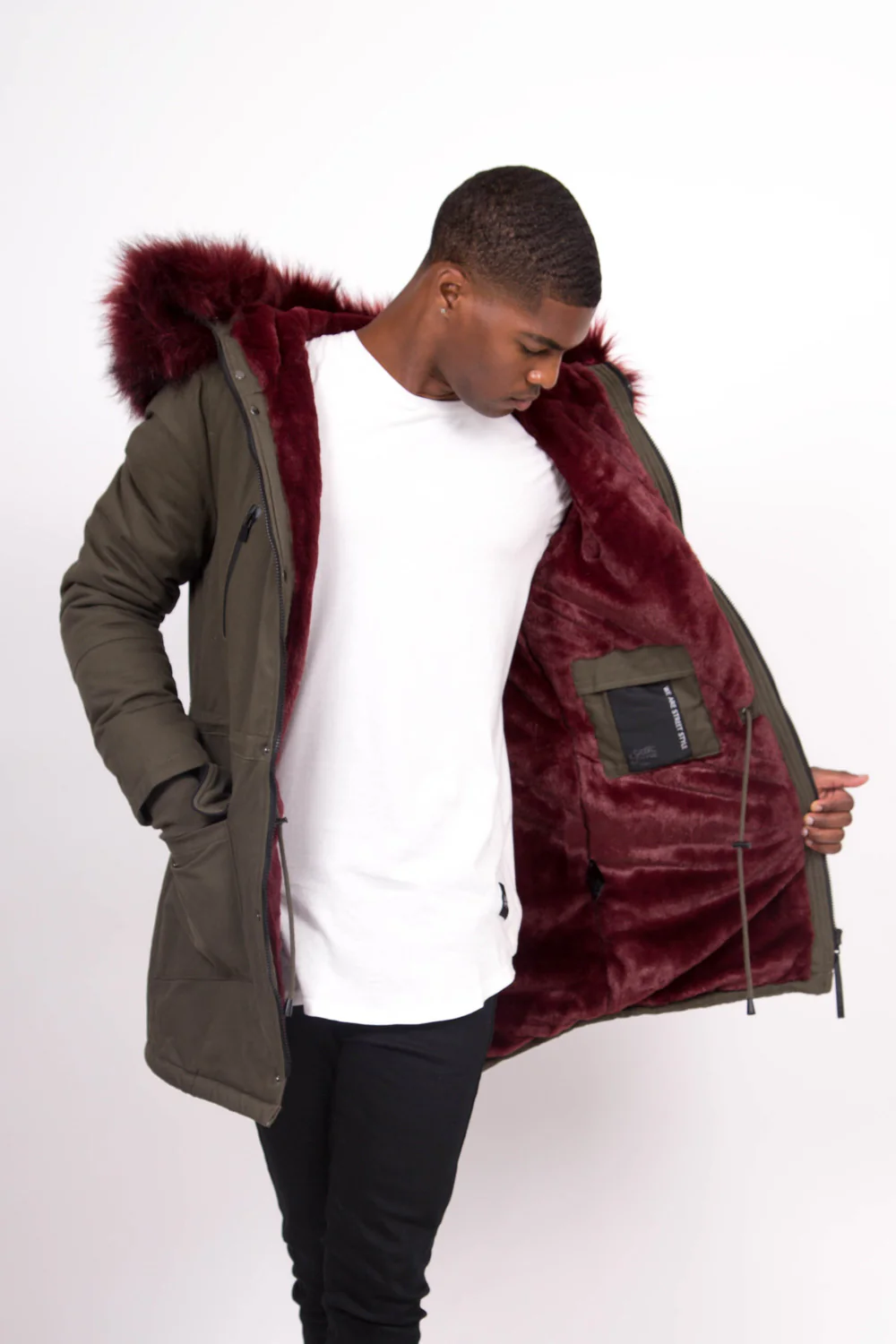 Parka capuche large fourrure kaki bordeaux - Image 3