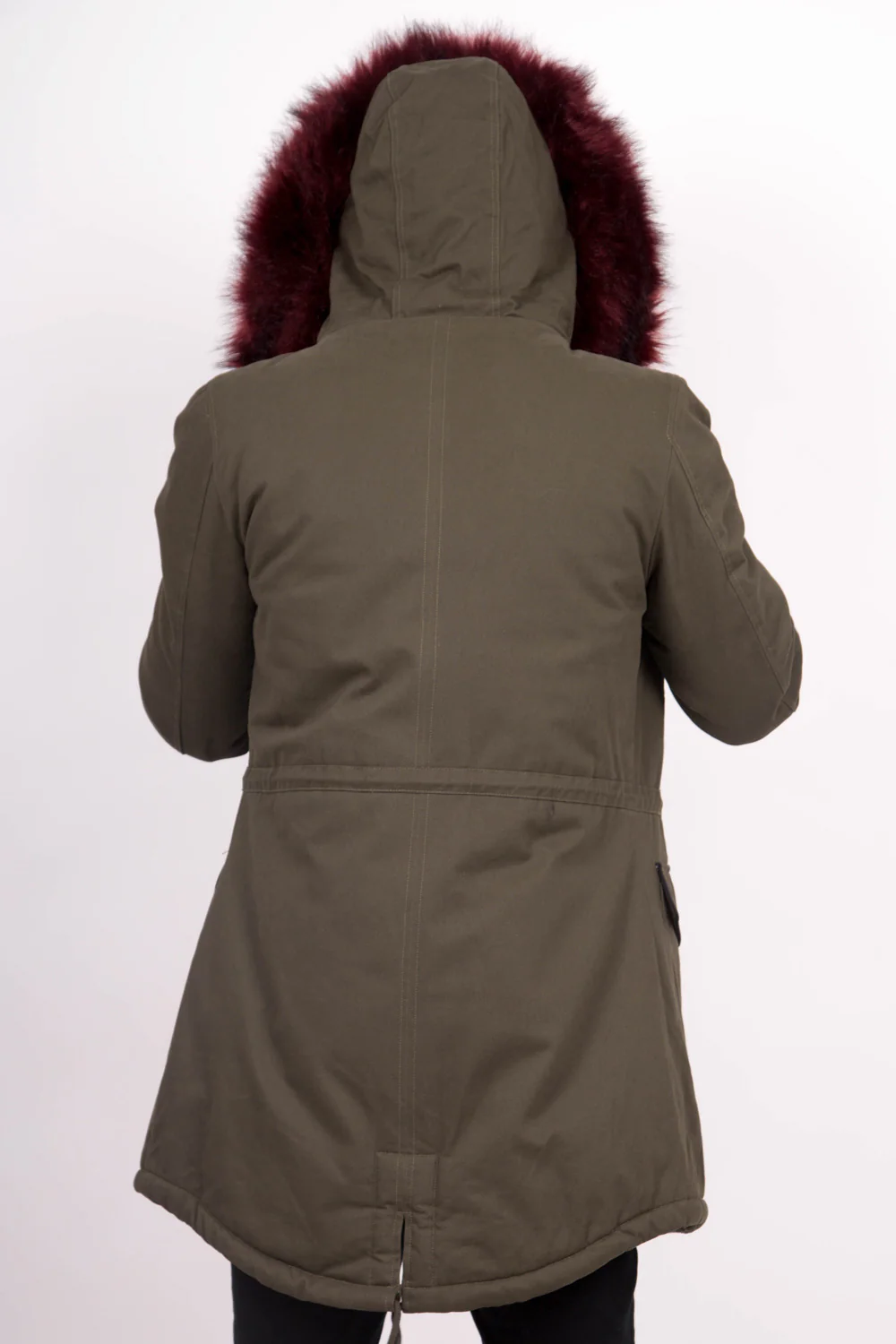 Parka capuche large fourrure kaki bordeaux - Image 4
