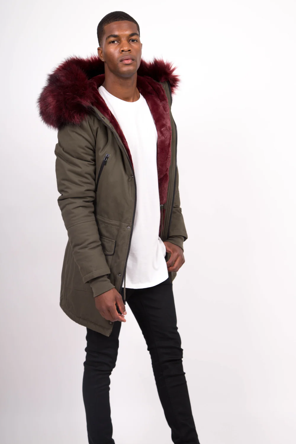 Parka capuche large fourrure kaki bordeaux - Image 5