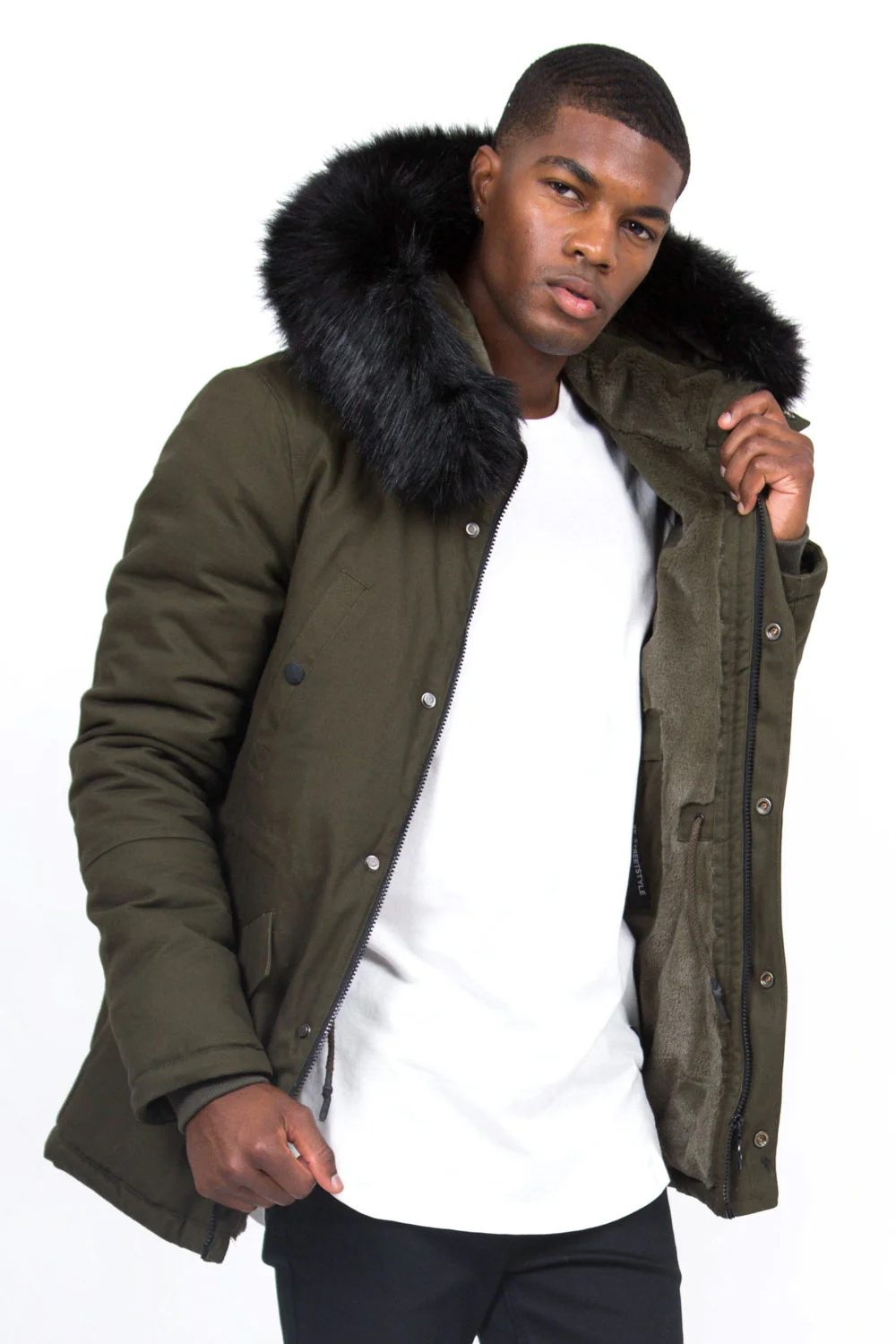 Parka courte doublure fourrure kaki noir - Image 2