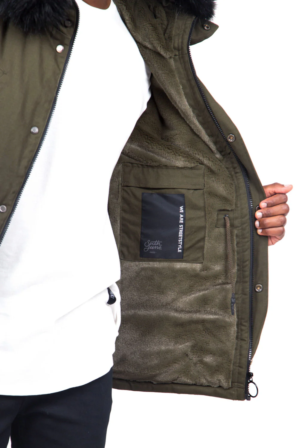 Parka courte doublure fourrure kaki noir - Image 3