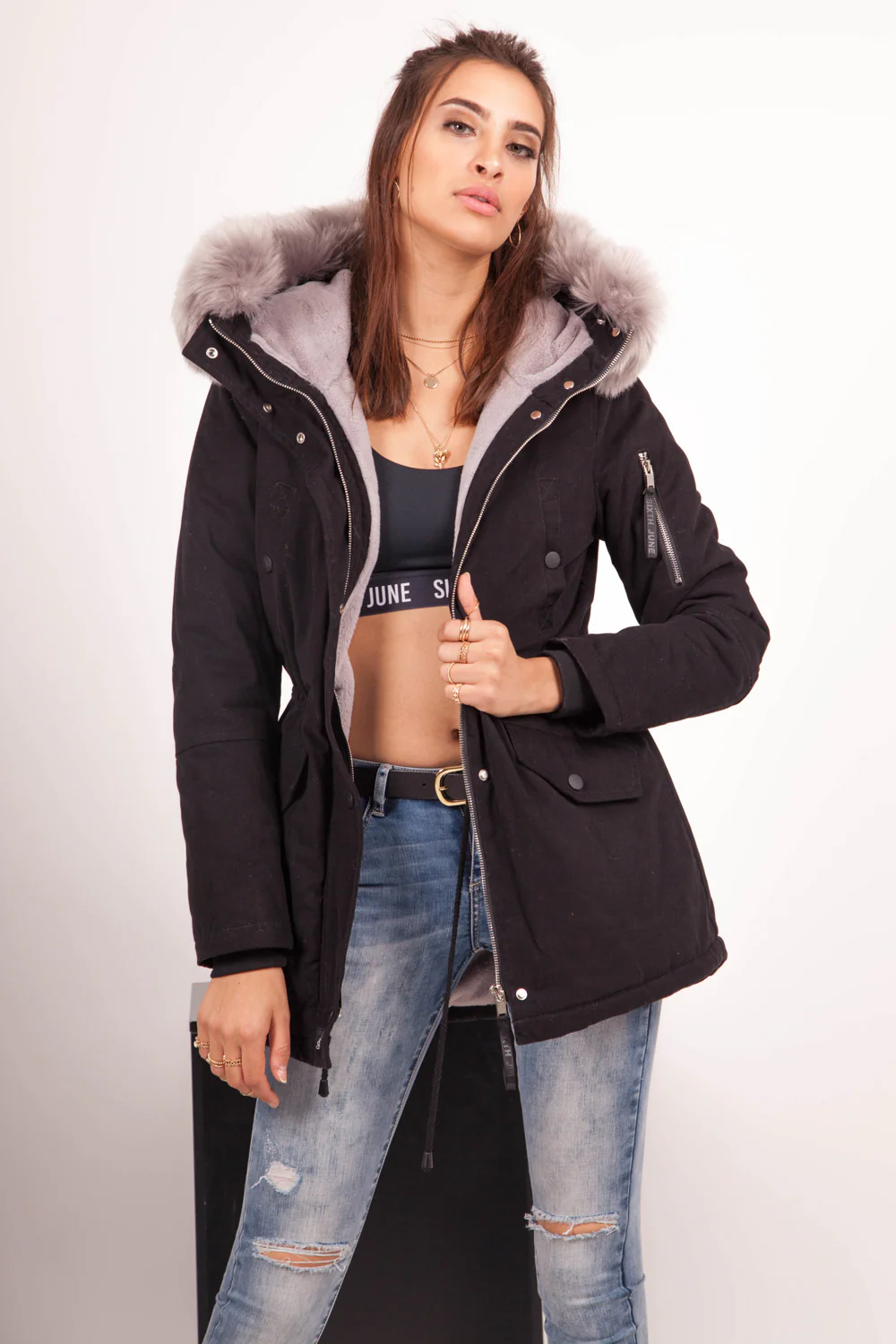 Parka doublure fourrure noir gris - Image 3