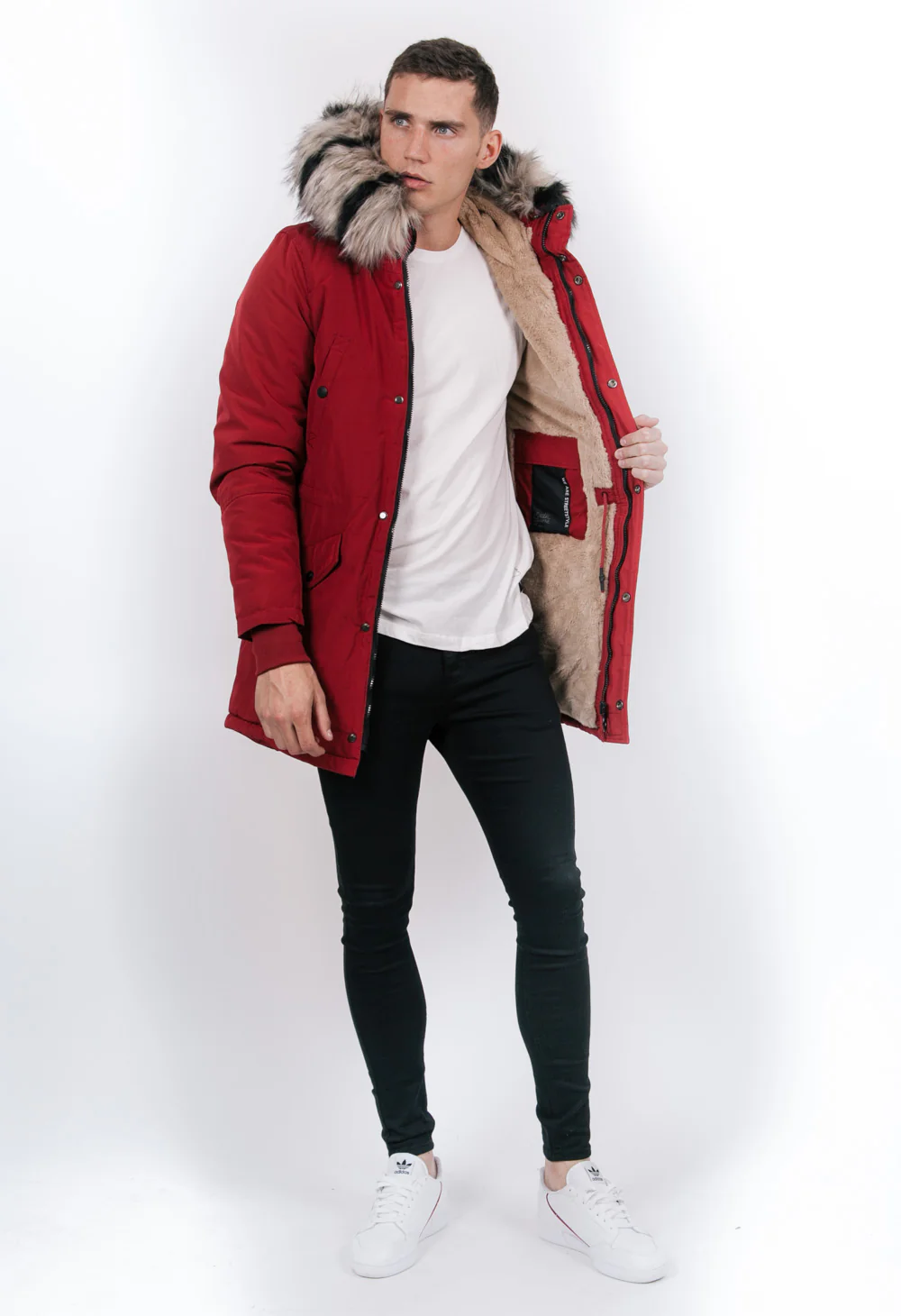 Parka fourrure bicolore rouge beige - Image 4