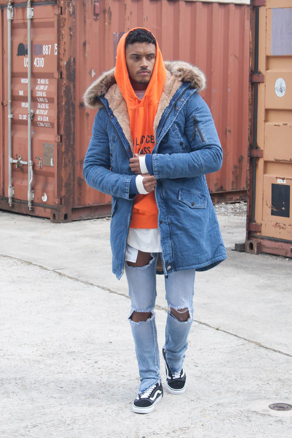 Parka jean denim large fourrure bleu beige - Image 2