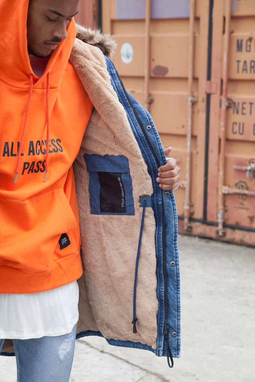 Parka jean denim large fourrure bleu beige - Image 3