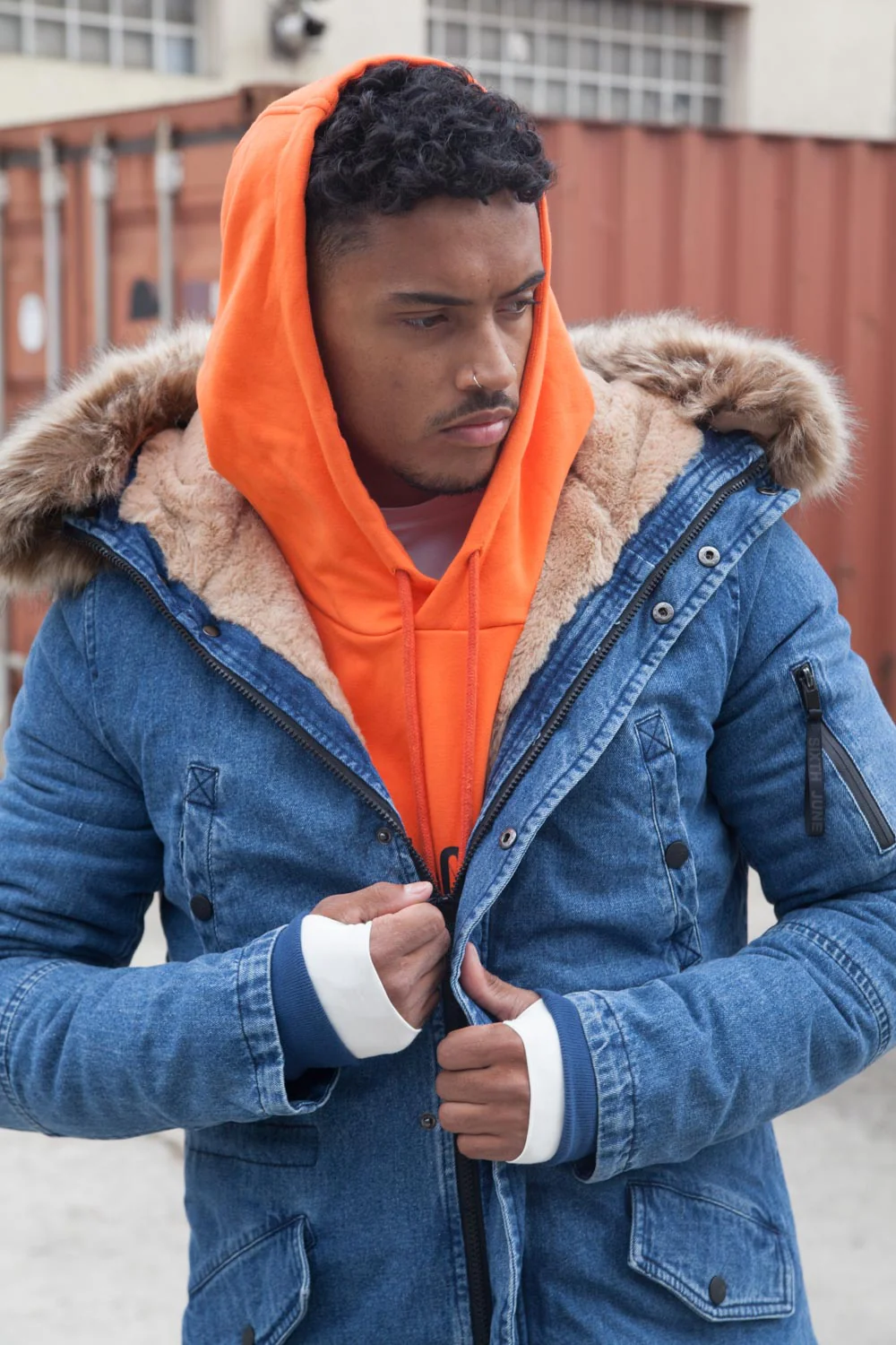 Parka jean denim large fourrure bleu beige - Image 4