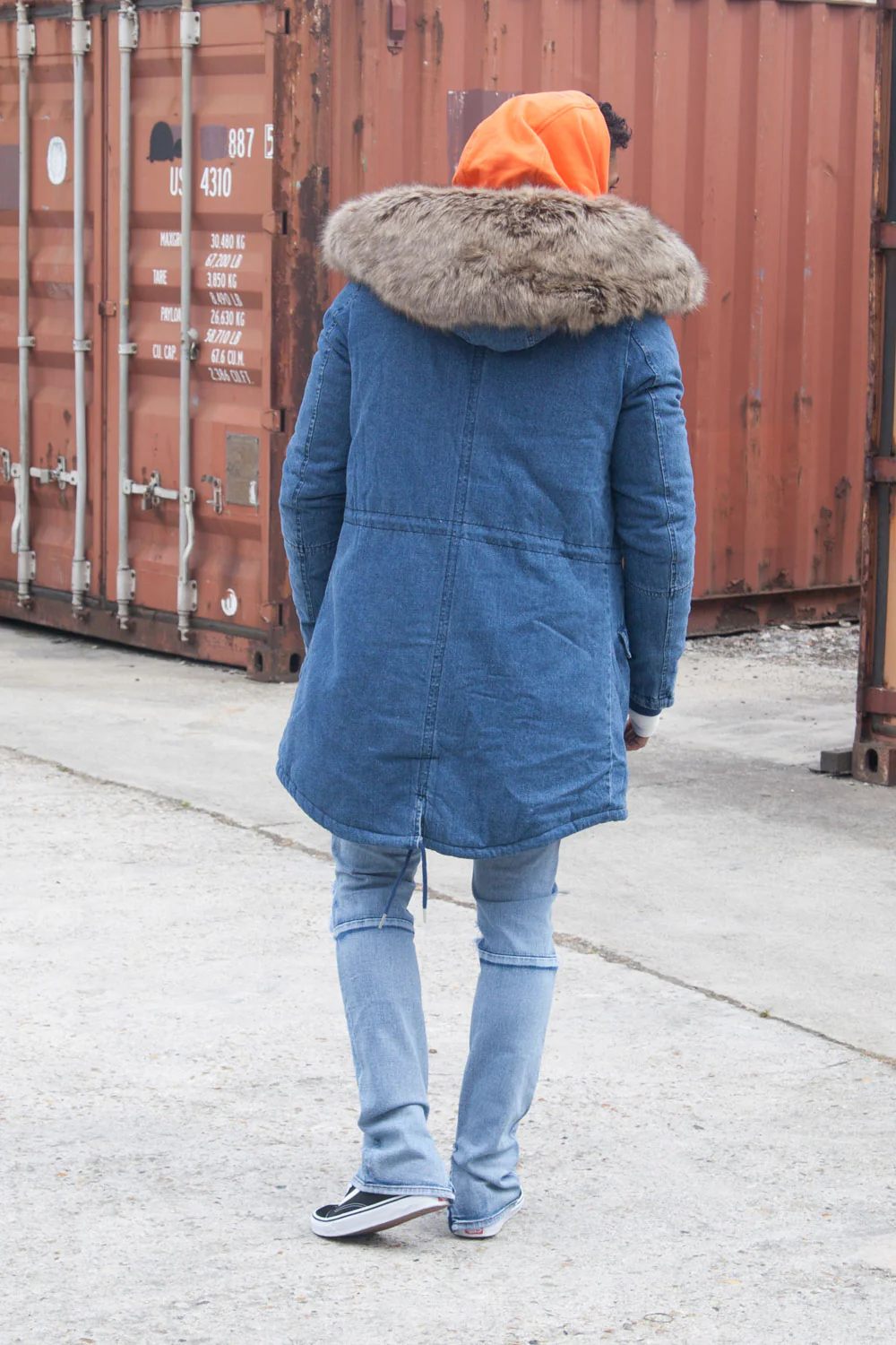 Parka jean denim large fourrure bleu beige - Image 5