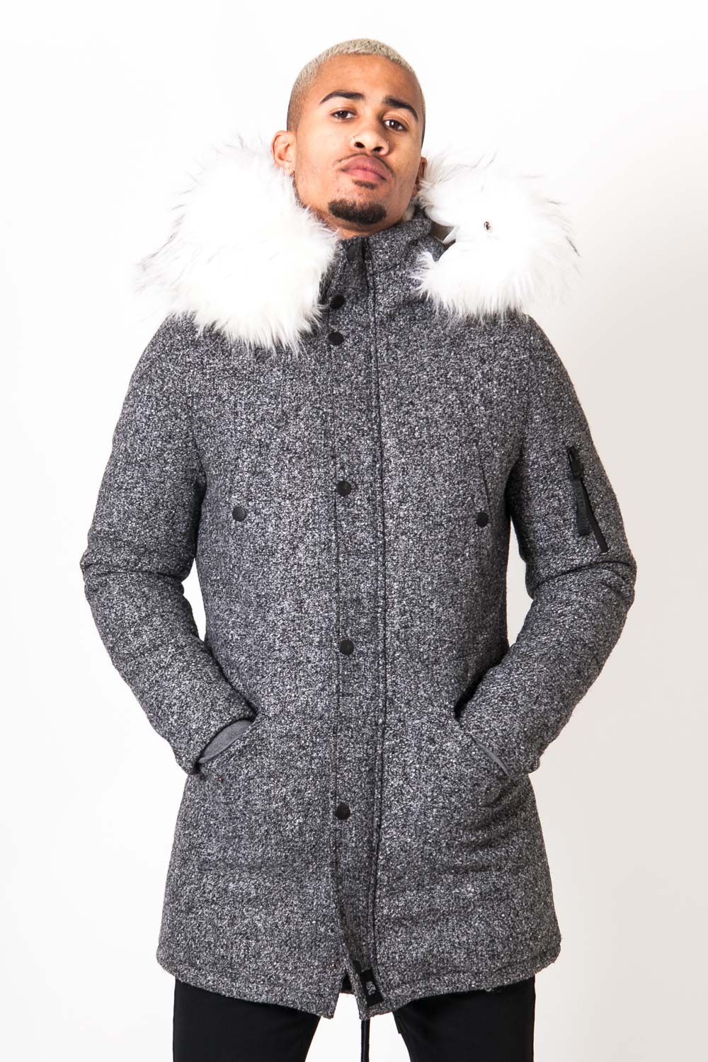 Parka laine large fourrure gris blanc - Image 2