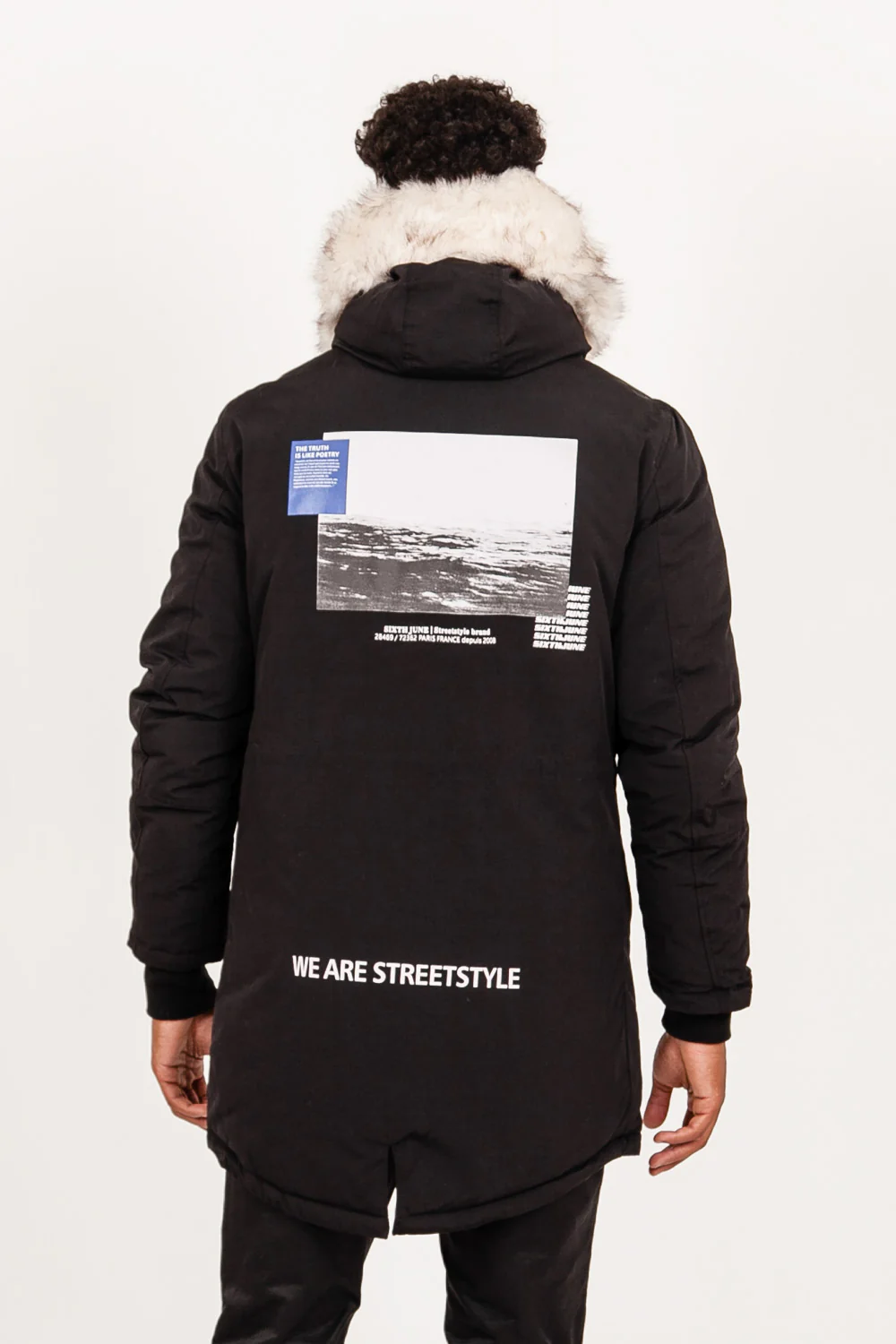 Parka longue fourrure imprimé arrière noir - Image 5