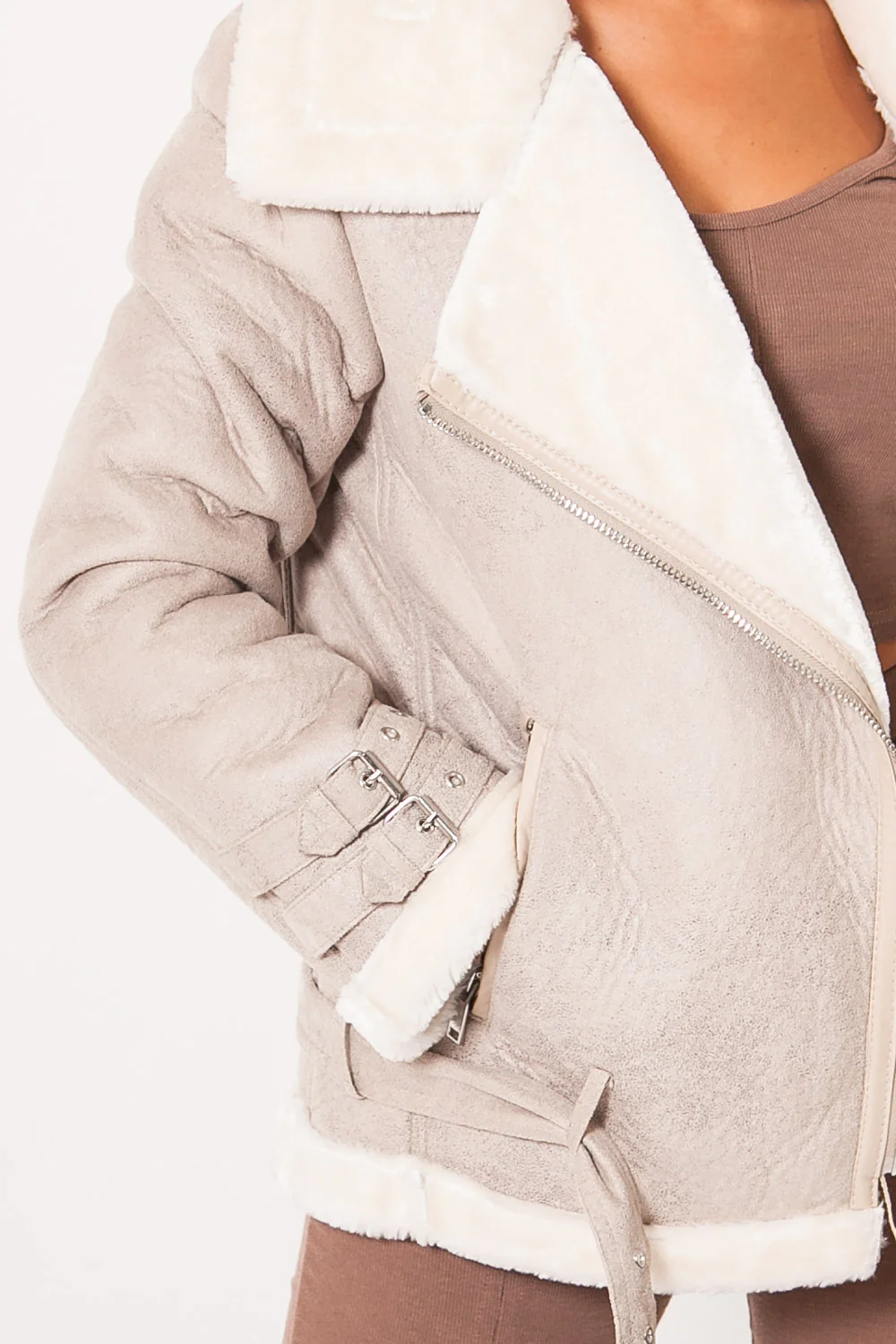 Veste fourré simili cuir mouton beige - Image 3