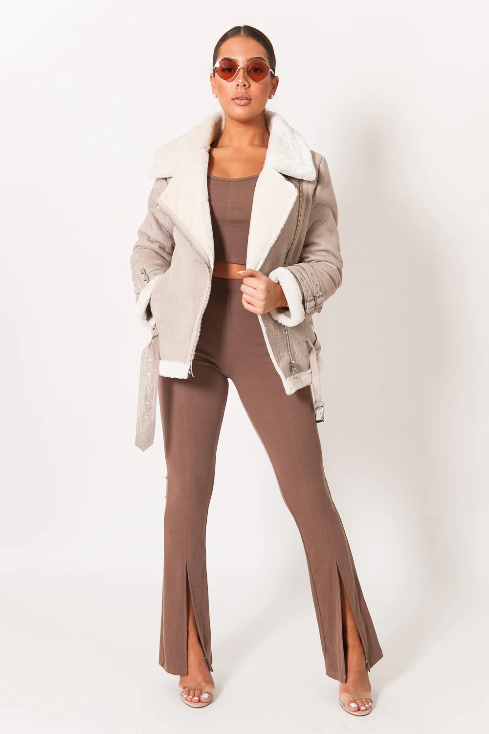 Veste fourré simili cuir mouton beige - Image 7
