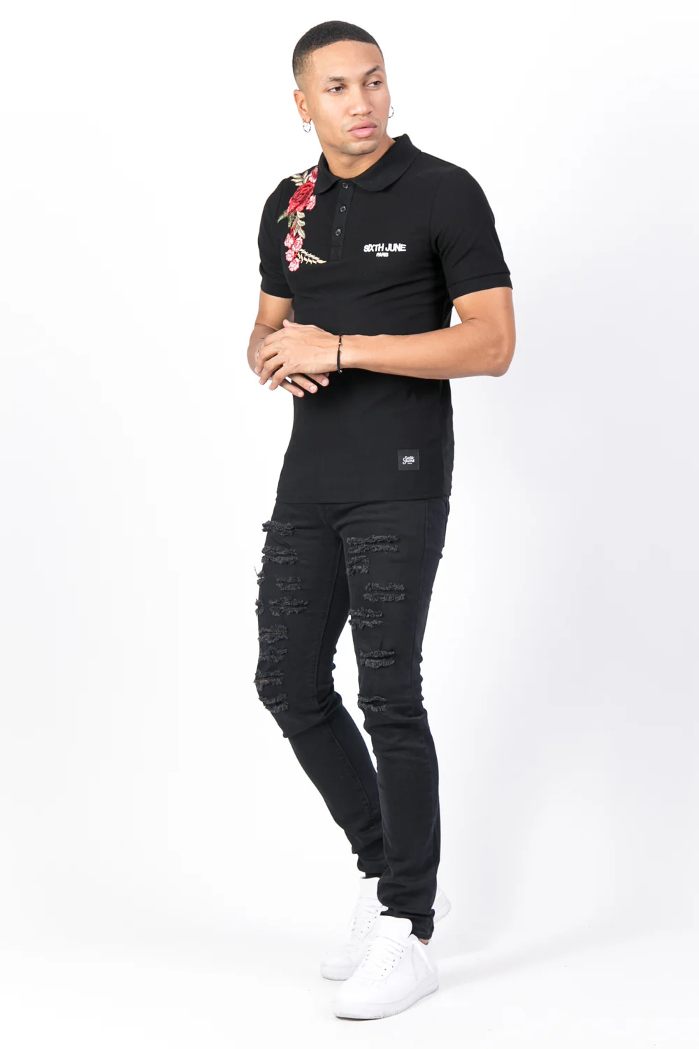 Polo brodé roses noir - Image 4