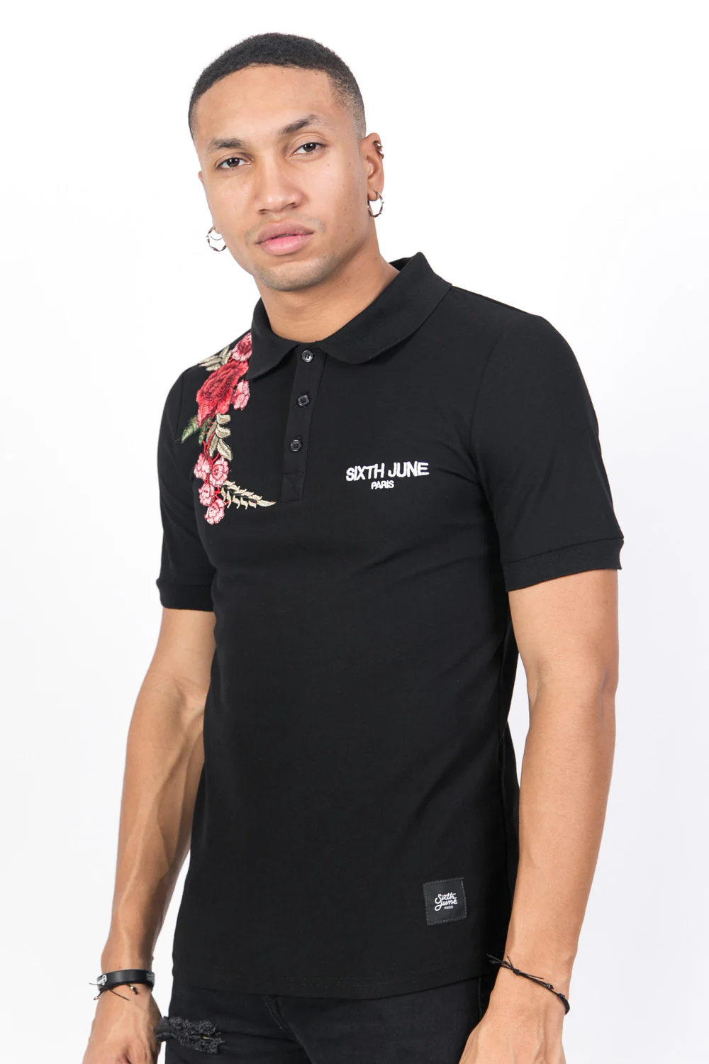 Polo brodé roses noir - Image 6