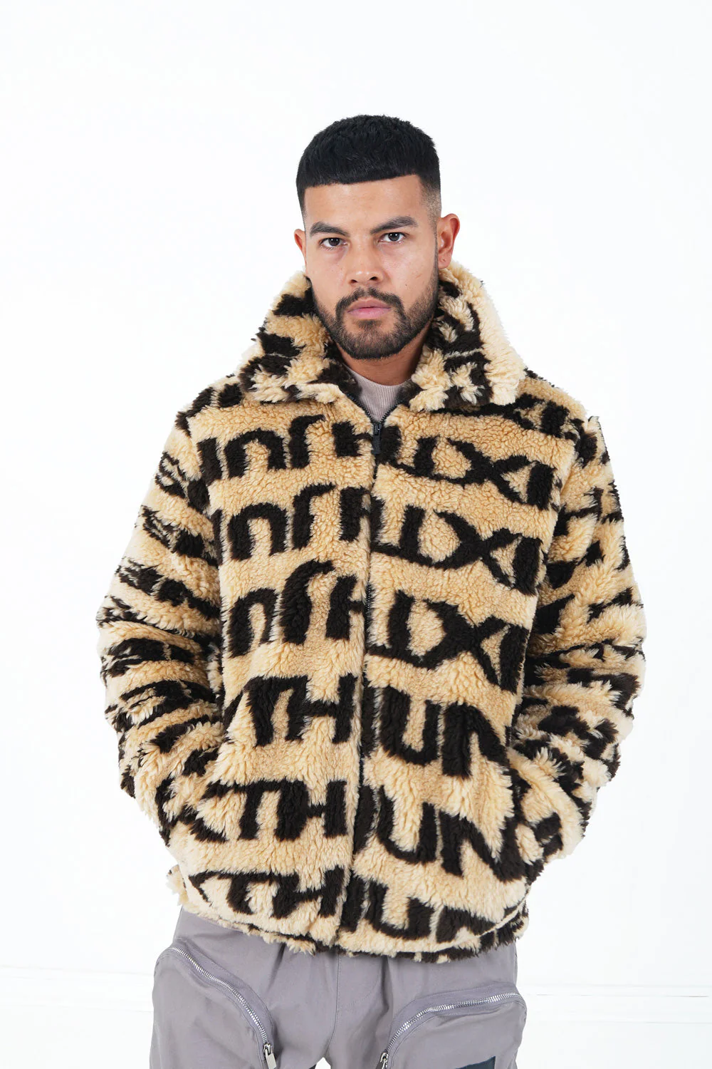 Veste fourrure logo Beige