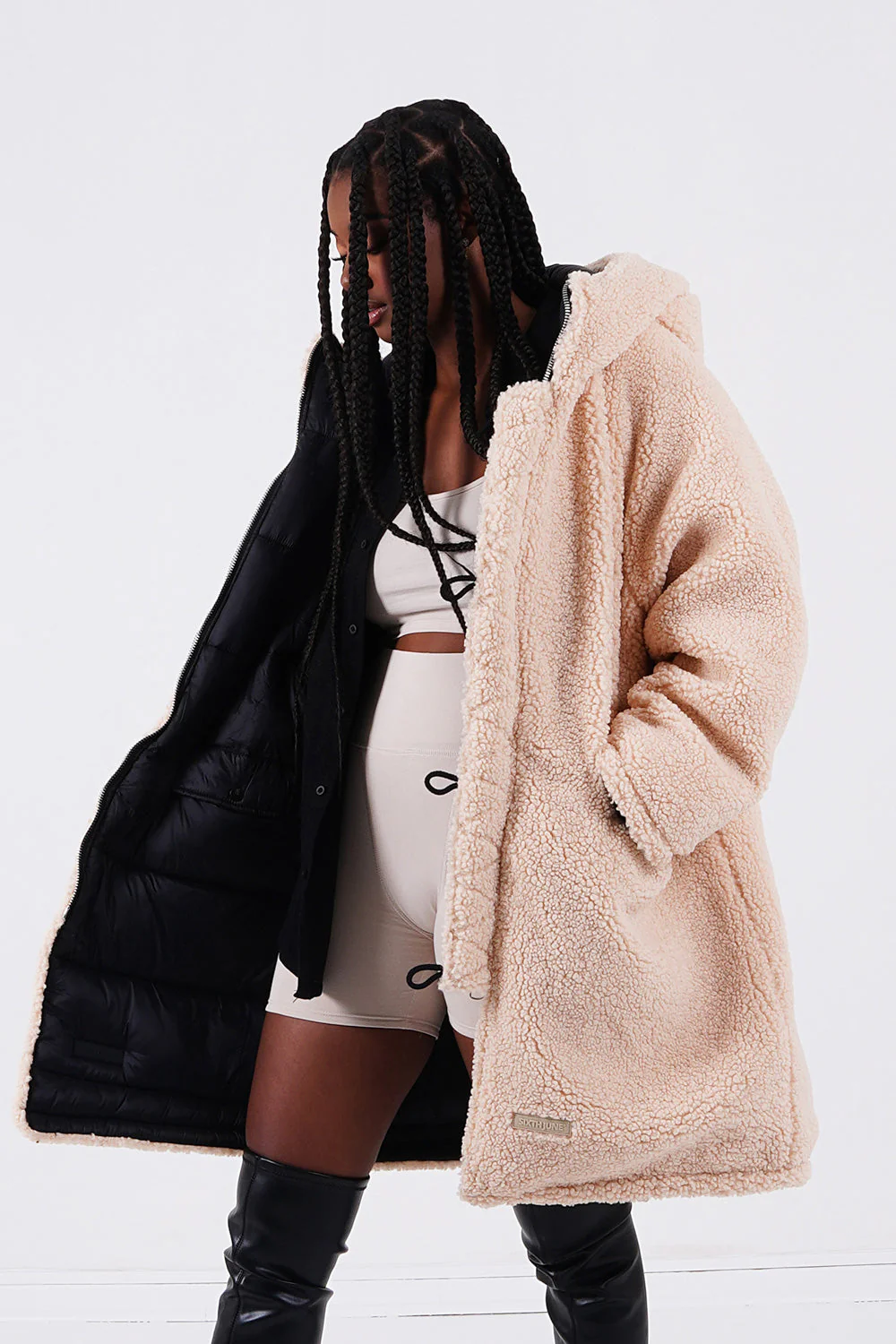 Doudoune longue réversible sherpa Beige - Image 5