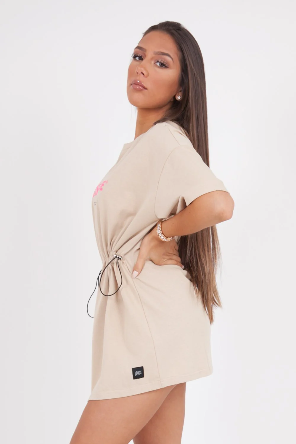 Robe courte élastique imprimé beige - Image 4