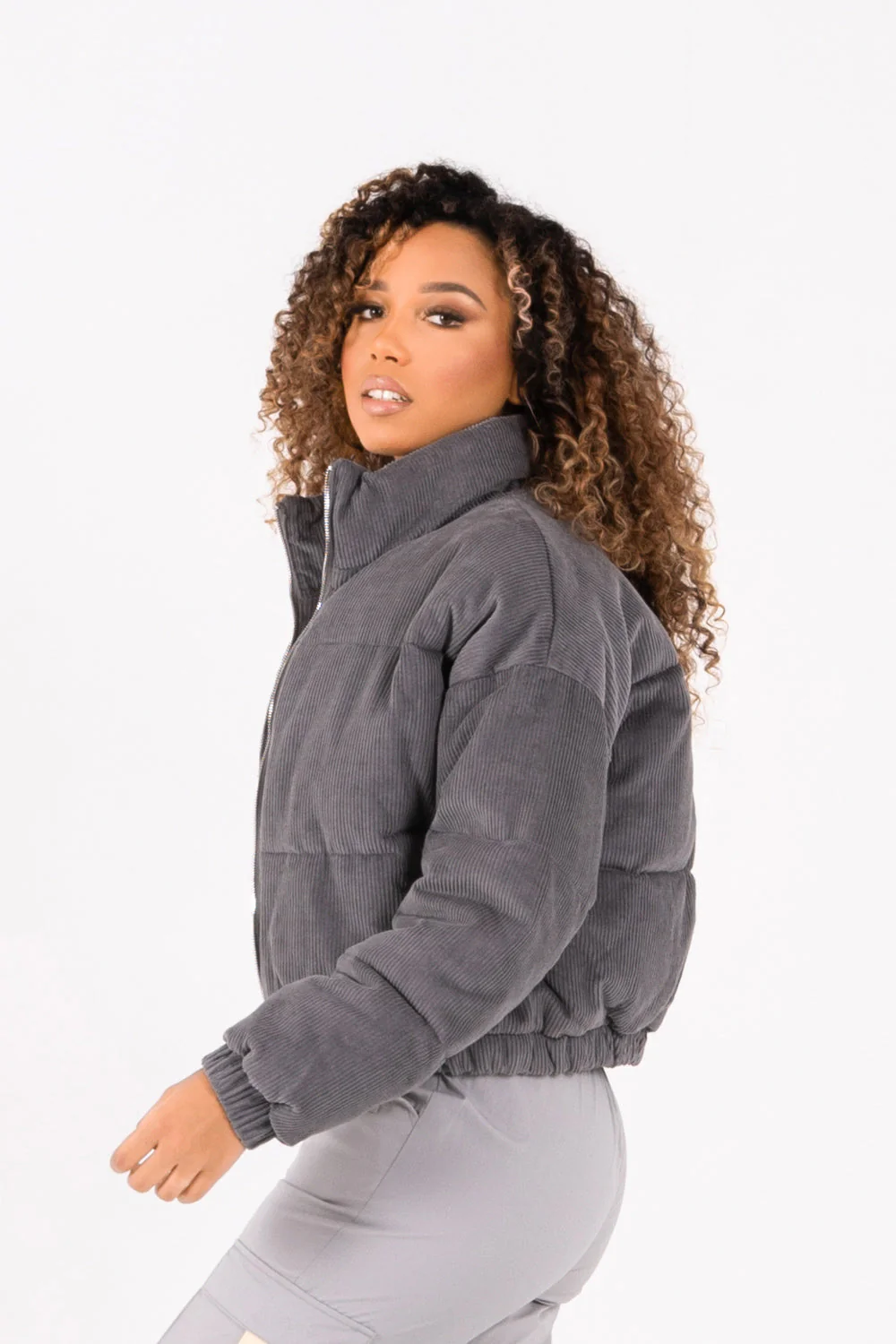 Doudoune courte velours Gris - Image 4