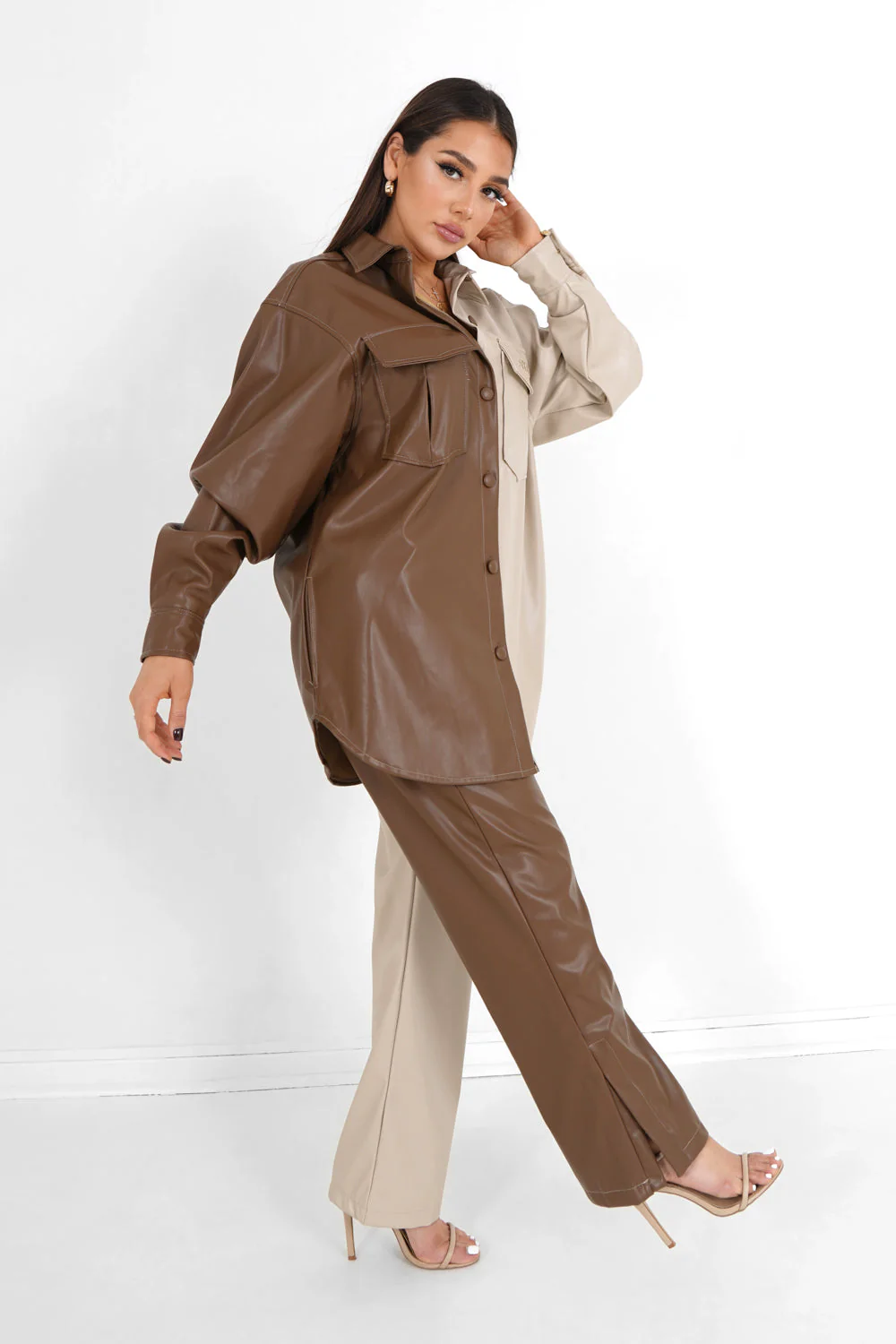 Pantalon bicolore simili cuir Beige - Image 2