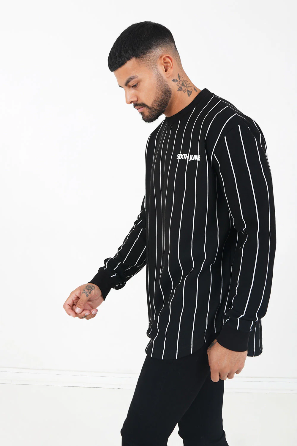 T-shirt manches longues rayures logo Noir - Image 4