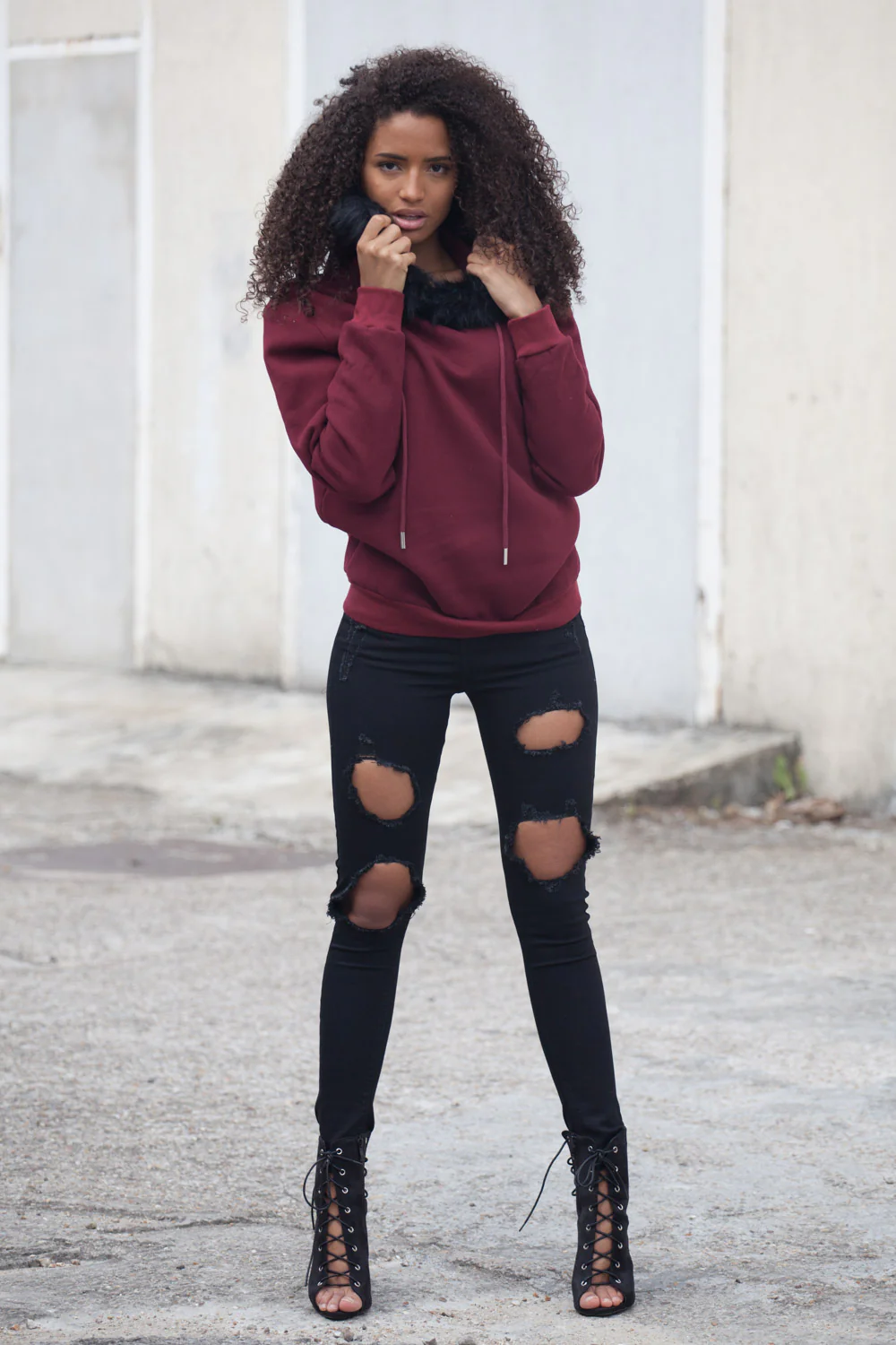 Sweat capuche fourrure Femme bordeaux 2165C - Image 2