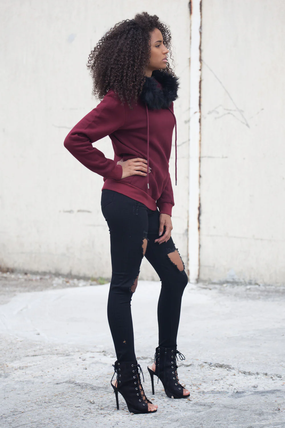 Sweat capuche fourrure Femme bordeaux 2165C - Image 4