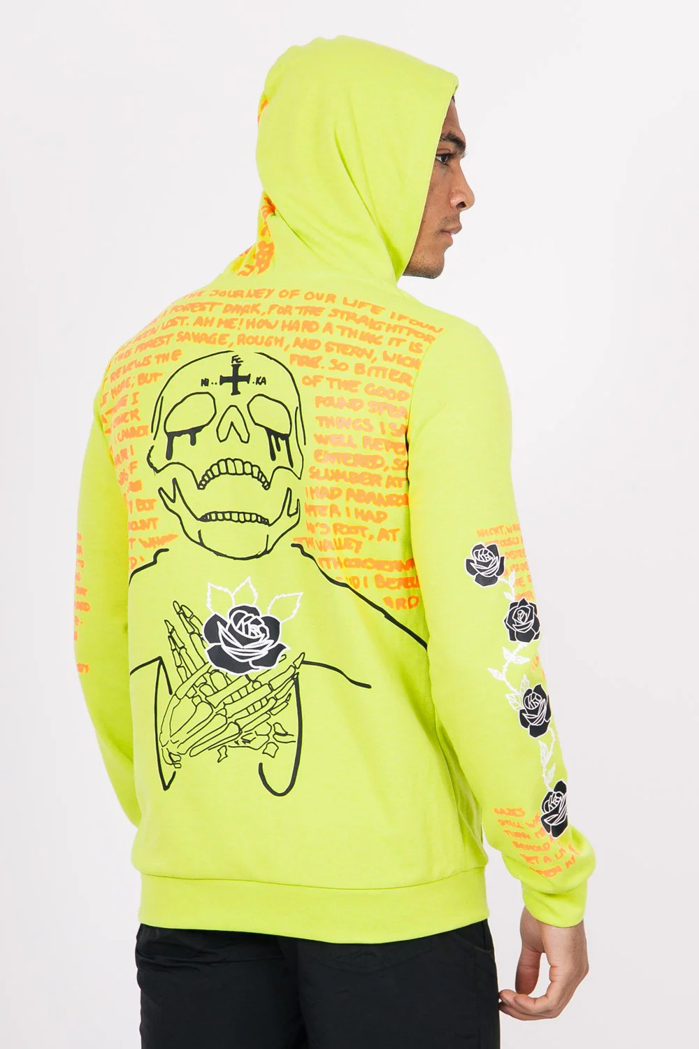Sweat capuche imprimé tête de mort jaune fluo - Image 4