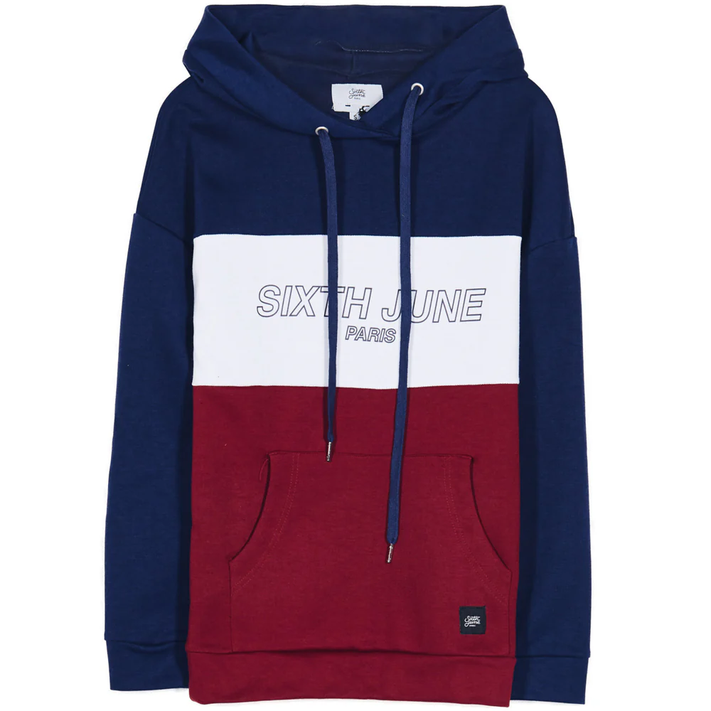 Sweat capuche tricolore texte rouge bleu blanc