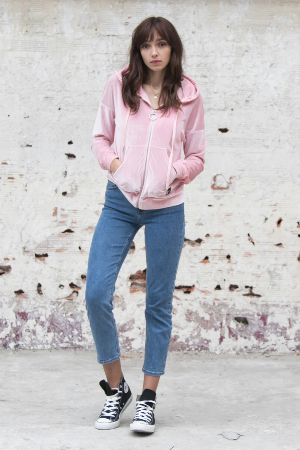Sweat capuche velours zippé Sixth June rose - Image 2
