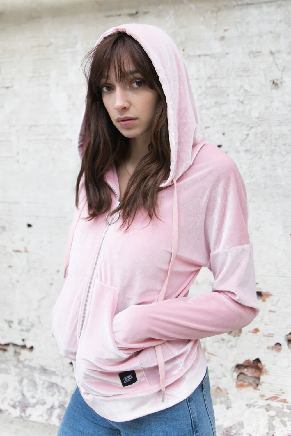 Sweat capuche velours zippé Sixth June rose - Image 4