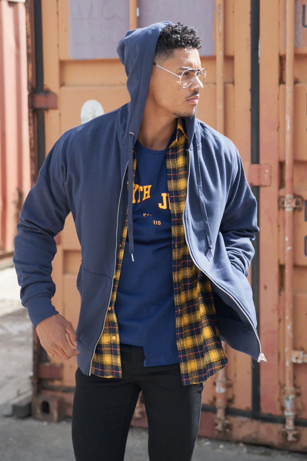 Sweat capuche zip épaules tombantes bleu foncé - Image 3