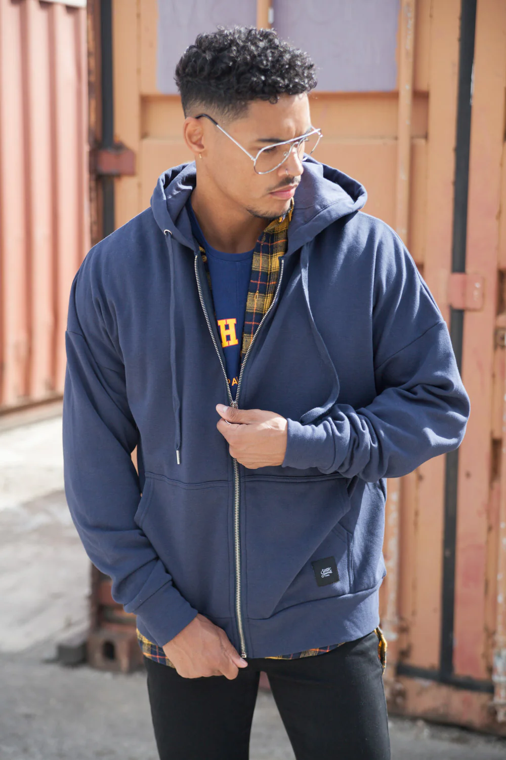 Sweat capuche zip épaules tombantes bleu foncé - Image 6