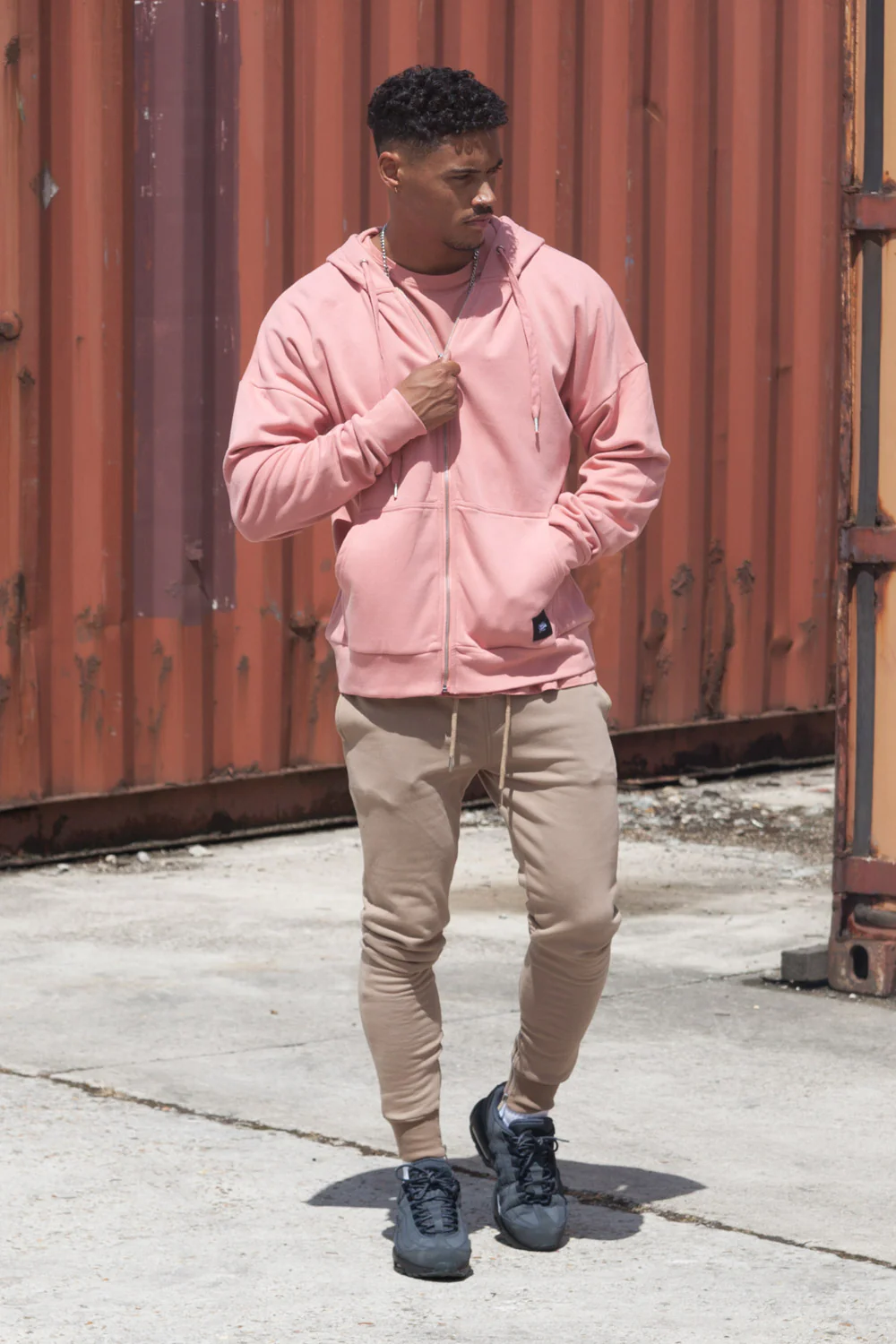 Sweat capuche zip épaules tombantes rose foncé - Image 3